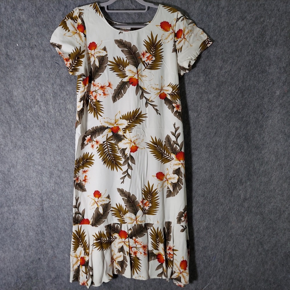 Two Palms Dress L White Tropical Hawaiian Floral Midi Sleeveless‎ Beach Resort